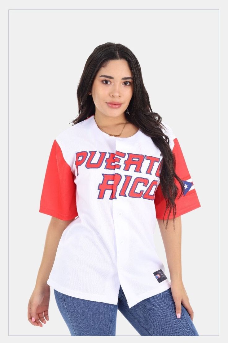 a woman wearing a white and red baseball jersey with the word puerto rico on it