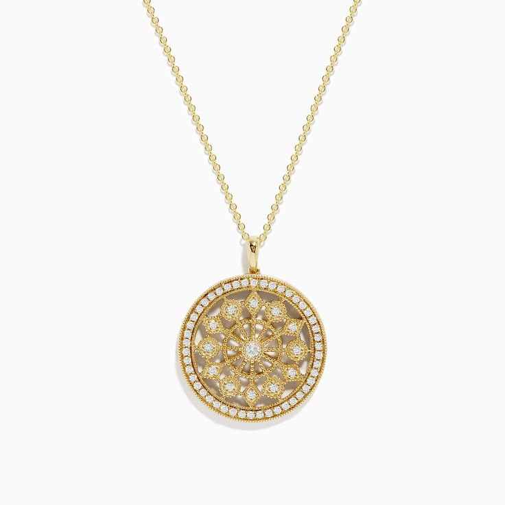 Effy D'Oro 14K Yellow Gold Diamond Disk Pendant Anniversary Yellow Gold Necklace With Intricate Design, Heirloom Necklace With Intricate Round Design, Heirloom Necklaces With Intricate Design, Luxury 14k Gold Necklace With Intricate Design, Timeless Round Filigree Jewelry, 14k Gold Jewelry With Intricate Round Design, Yellow Gold Round Diamond Necklace For Celebration, Engraved Yellow Gold Jewelry For Celebration, 14k Gold Medallion Necklace With Intricate Design