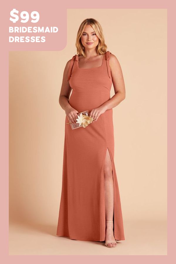 the bridesmaid dresses are $ 99 and have an asymmetrical slit