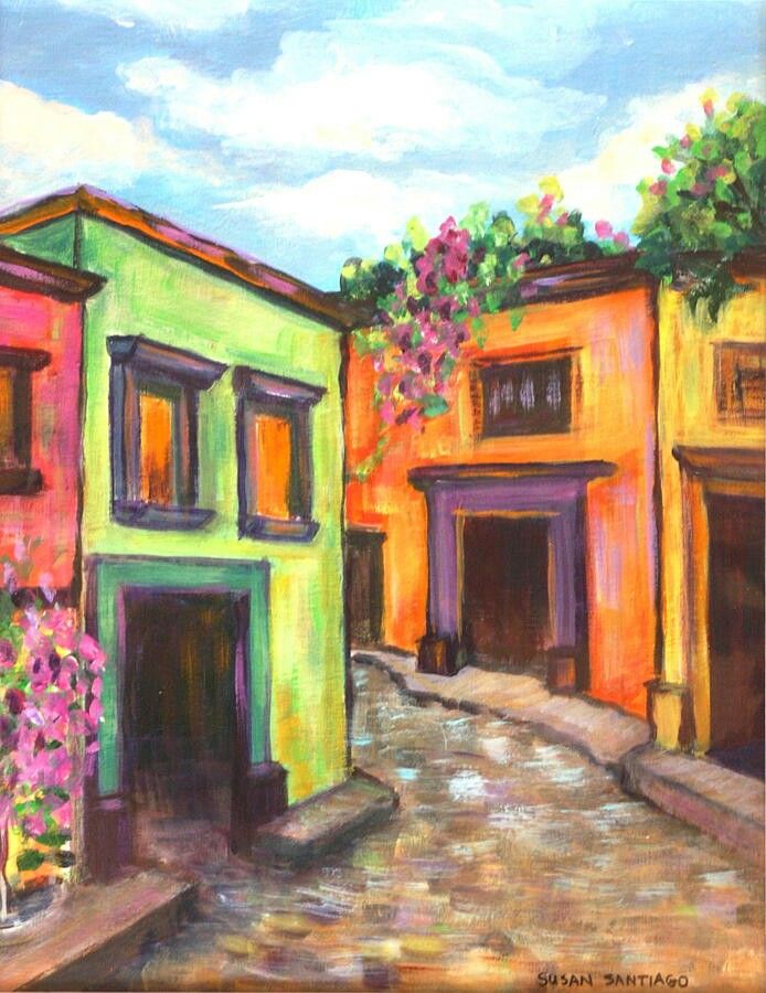 an oil painting of colorful buildings and flowers