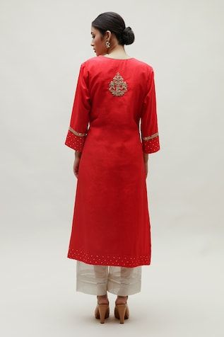 Red straight kurta featuring bandhani detailing all over with hand embroidered yoke in zardozi and an embroidered motif at the centre back. - Aza Fashions Red Traditional Wear With Embroidered Border And Straight Kurta, Festive Red Embroidered Kurta, Red Embroidered Kurta With Traditional Drape, Red Kurta With Embroidered Border, Red Embroidered Border Kurta, Unstitched Red Kurta With Embroidered Border, Red Cotton Silk Traditional Wear With Embroidered Border, Red Traditional Wear With Embroidered Border In Cotton Silk, Traditional Red Cotton Silk Wear With Embroidered Border