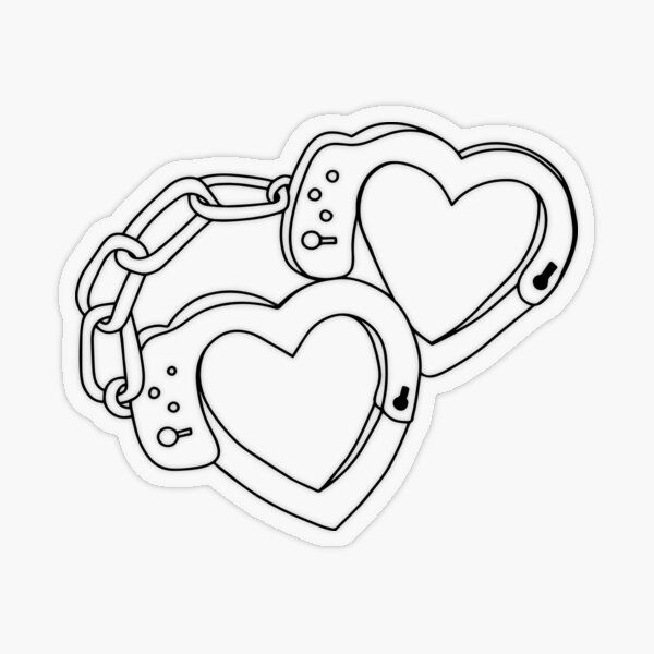 two heart shaped handcuffs sticker on a white background with the word love written in it