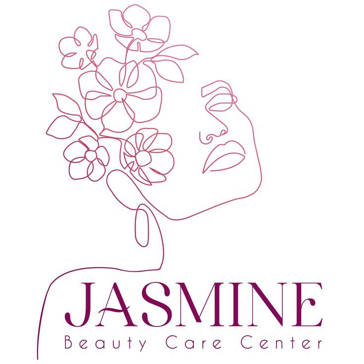 the logo for jasmine beauty care center, with a woman's face and flowers