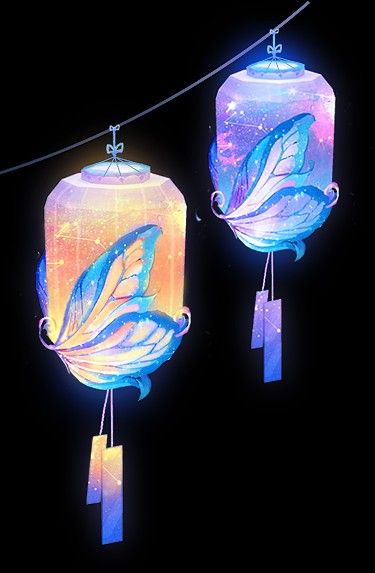 three glowing lanterns with butterflies on them hanging from a line against a black background in the dark