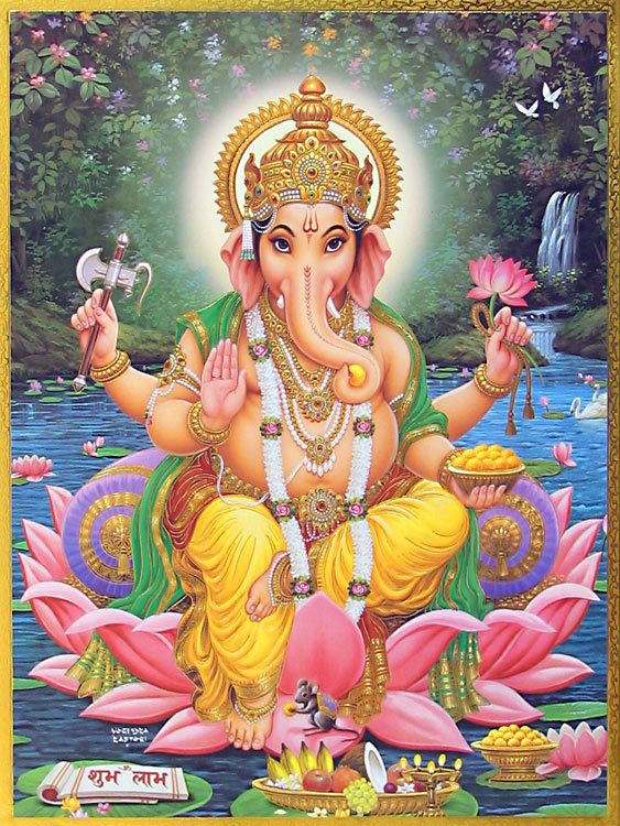 lord ganesha sitting on top of a lotus in front of a pond with flowers