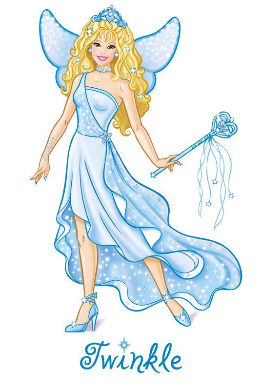 A 2D image of Twinkle, whose name is under her feet in  blue letters. She has neutral beige skin, brown eyes, and long blonde waves with blue and white star clips. She's wearing a blue crown, a light blue choker with a light blue heart and angel wings, a flowy, light blue dress with one strap and white sparkles, and multicoloured shoes. She has light blue sparkly wings with a blue border, and a blue wand with a large heart topper and long, thin tassles. Art Fantasy, Character Inspo, Tooth Fairy, Fantasy Fashion, Twinkle Twinkle, Childhood Memories, Illustrations, Fashion Design, Pins