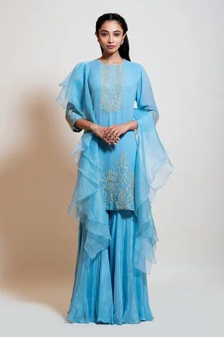 Shop for Smriti by Anju Agarwal Blue Silk Kurta Sharara Set for Women Online at Aza Fashions Light Blue Sharara, Blue Sharara, Silk Sharara, Ruffle Dupatta, Fashion Infographic, Sharara Suit, Silk Kurta, Dupatta Set, Sharara Set