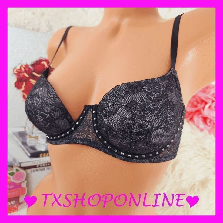 {Victoria's Secret}Black Embellished Studdded Balconette Underwire Cups Lined Straps & Hooks Adjustable Straps Back Closure Double Row Of Hook-And-Eye Closures Size: 32 D New With Tags. Sorry No Trades Pem-10152 Lace Bustier Top, Victoria Secret Pink Bras, Vs Bras, Pink Bralette, Unlined Bra, Lace Bustier, Purple T Shirts, Racerback Bra, Black Bra