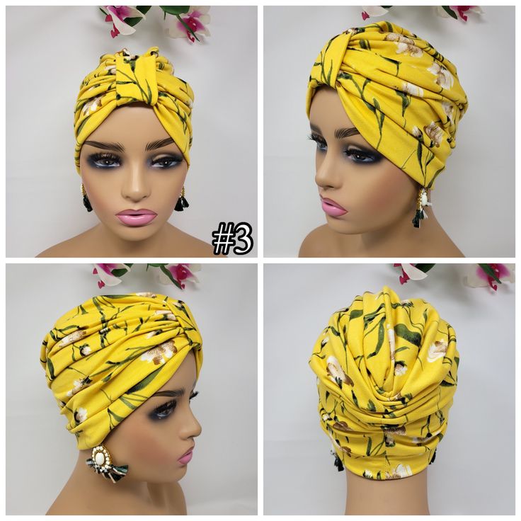 "Classic looks with these beautiful knot print turban. The material is super soft made with Jersey Knit polyester and spandex, it's has a comfortable touch on skin and very light weight. Size: 21\" stretch to 24\" Fitted Head Circumference Pattern: #1 Pattern: #2 Pattern: #4 Material: Polyester/Spandex Care: Machine wash, hang to dry" Fitted Summer Beach Headwrap, Adjustable Yellow Turban For Summer, Yellow One-size Headband Turban, Trendy Fitted Headwrap For Summer, Yellow Headband-style Turban, Trendy Fitted Summer Headwrap, One Size Spring Beach Turban, One Size Summer Beach Turban, Summer Wrap Turban