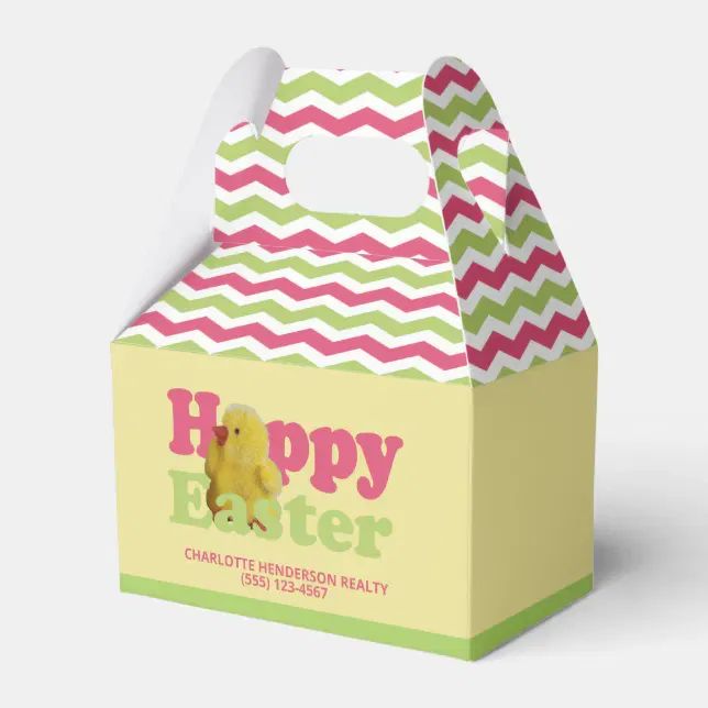 an easter treat box with the words happy easter on it and a yellow chick inside