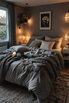 #girlsroom #bedroomideas #dormdecor #bohobedroom #bohochic #homedecortips Cozy Gray And Purple Bedroom, Color Schemes With Gray Bedroom, Gray Bedding Bedroom Ideas, Master Bedrooms Decor Cozy Grey Headboard, Cozy Blanket Aesthetic Bedroom, Light Gray Room Aesthetic, Dark Gray Room Ideas, How To Layer Pillows On A Bed, Grey Earthy Bedroom