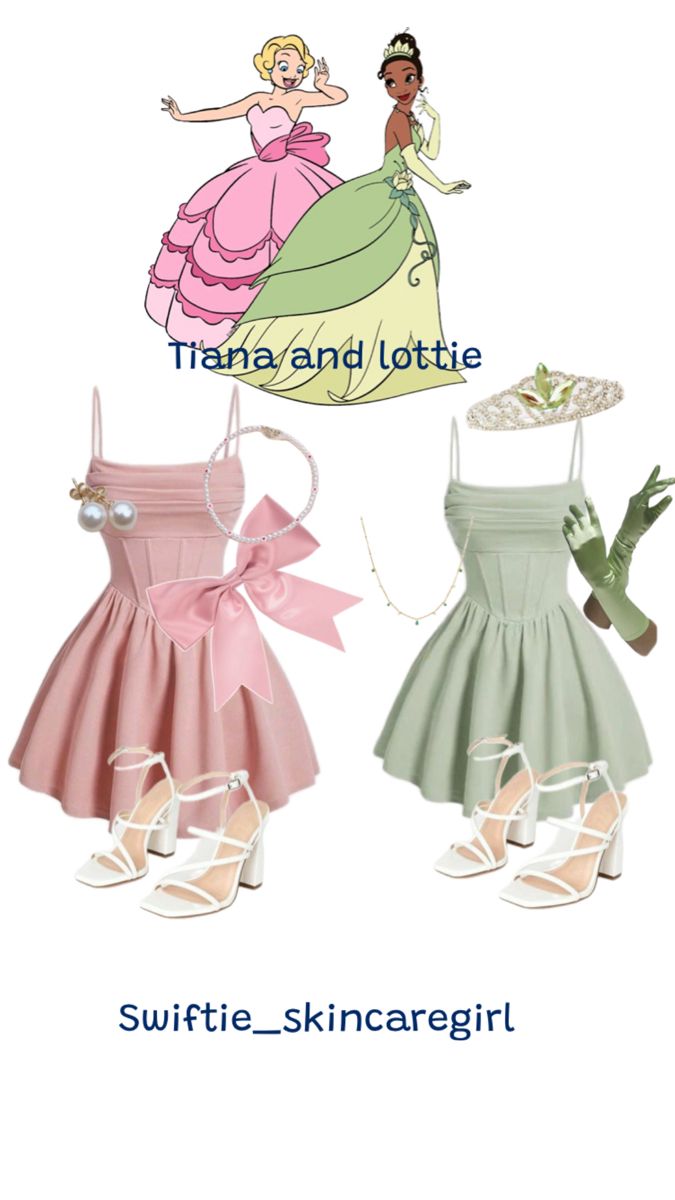 two dresses and shoes are shown with the words, tiara and lottie on them