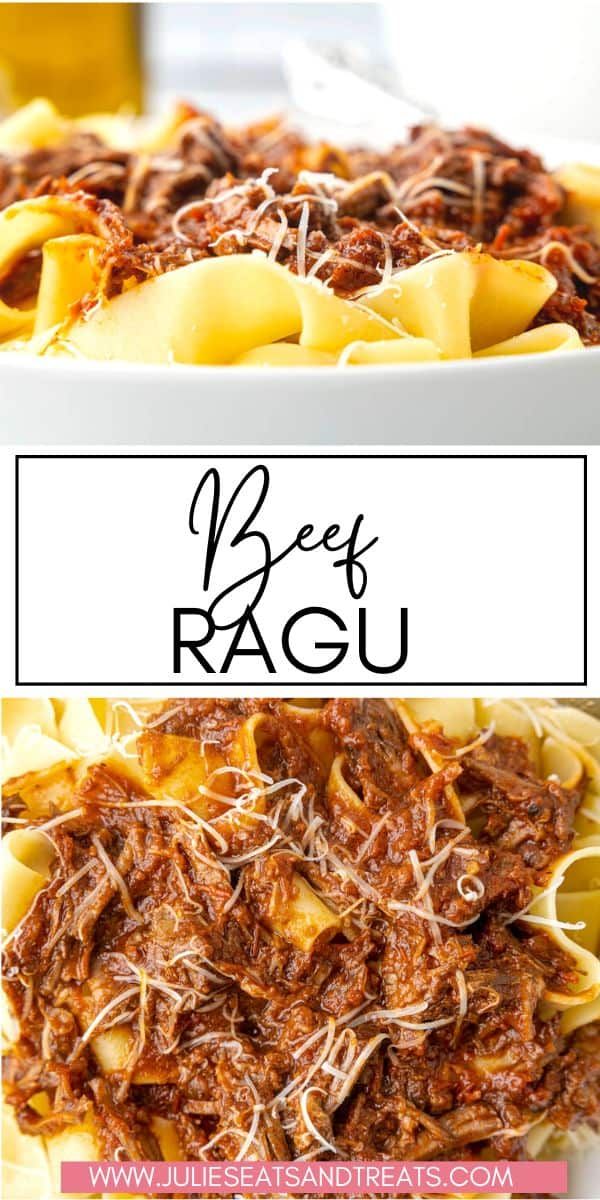 beef ragu in a white bowl with text overlay