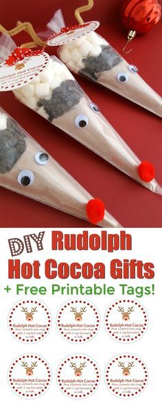 rudolph hot cocoa gifts and free printable tags for the kids to use in their christmas crafts