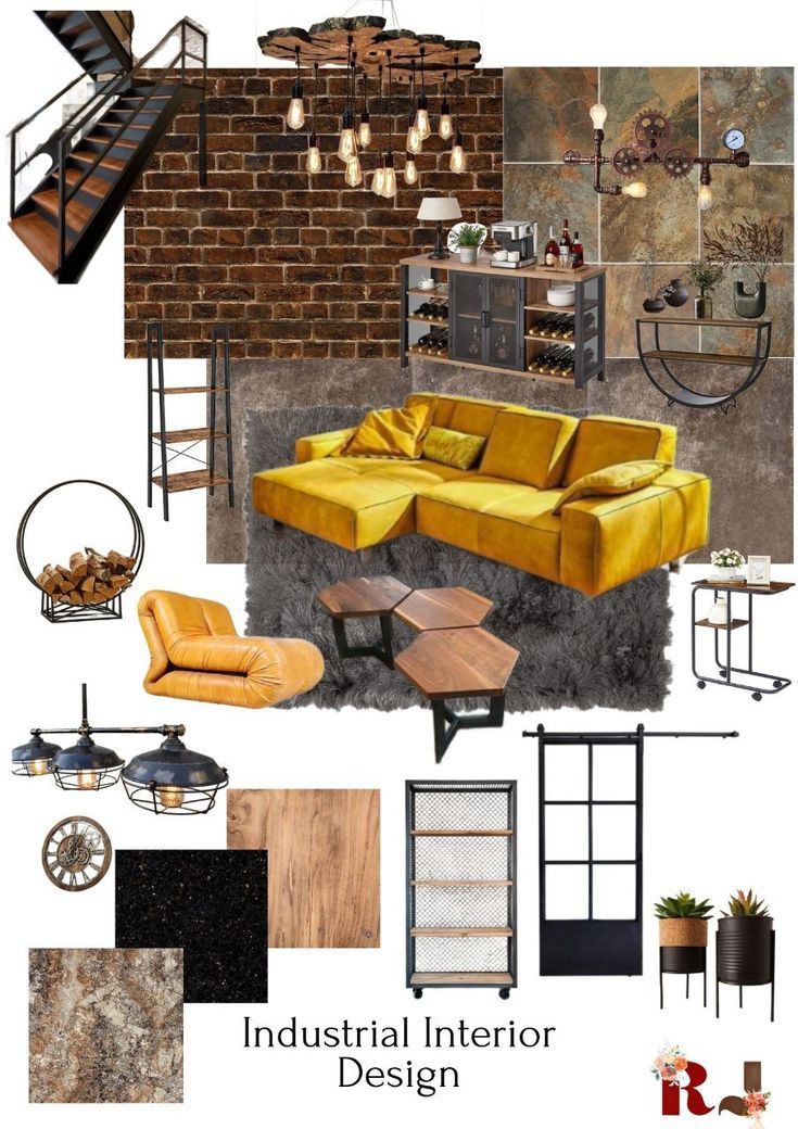 an interior design board with yellow couches, chairs and other items in the room