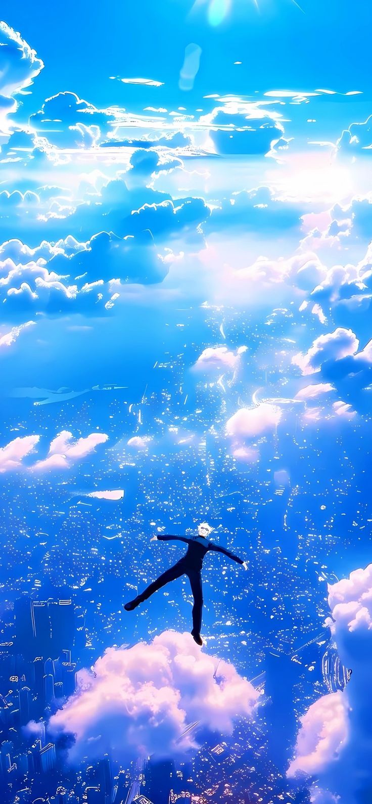 a person flying through the air on top of clouds