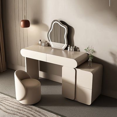 a modern vanity with stools and mirror in a living room or dining room area