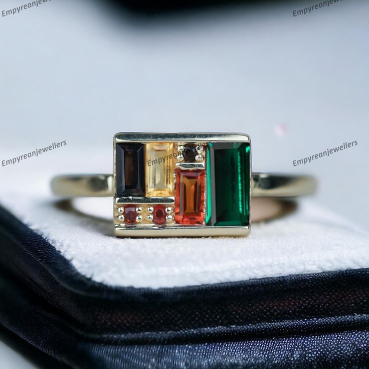 Vintage Multi Gemstone Box Ring, 14K Solid Gold Baguette Emerald Statement Ring, Antique Art Deco Engagement Ring Jewelry, Gift For Her  Main Stone - Emerald Stone Creation - Lab Created Stone Shape - Baguette Stone Color - Green Stone Size - 6 x 2 MM Secondary Stone - Citrine (Lab Created) Stone Shape - Baguette Stone Color - Yellow Stone Size - 4 x 2 MM Third Stone - Black Onyx (Natural) Stone Shape - Round / Baguette Stone Color - Black Stone Size - 4 x 2 MM Forth Stone - Garnet (Lab Created) Emerald Statement Ring, Antique Engagement Ring Art Deco, Emerald Wedding Rings, Emerald Wedding, Box Ring, Chevron Ring, Art Deco Engagement, Ring Antique, Deco Engagement Ring