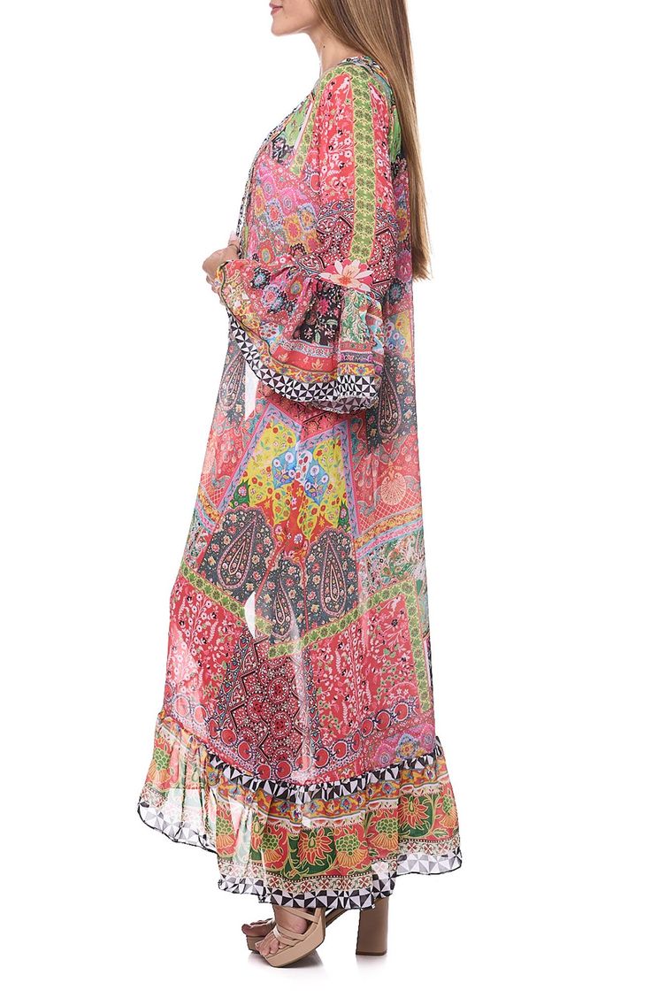 Go from beach to boardwalk in this sun-ready cover-up duster that's secured with a front tie and rendered in a bright print. Open front Shawl collar Long sleeves 100% polyester Hand wash, dry flat Imported Multicolor Summer Kimono For Beach Cover-up, Multicolor Printed Kimono For Beach Cover-up, Multicolor Vibrant Print Kimono For Vacation, Multicolor Kimono With Vibrant Print For Vacation, Casual Multicolor Boho Print Cover-up, Multicolor Flowy Cover-up For Beach Party, Multicolor Print Kimono For Vacation, Flowy Multicolor Kimono For Vacation, Vacation Multicolor Printed Kimono