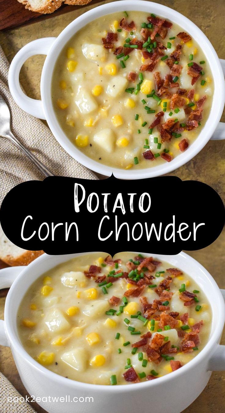 two white bowls filled with potato corn chowder