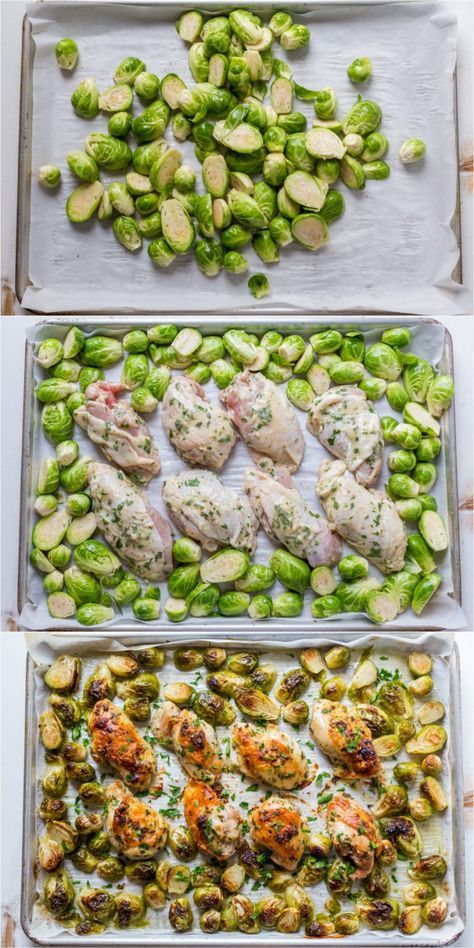 three trays filled with different types of food on top of each other, including chicken and brussels sprouts