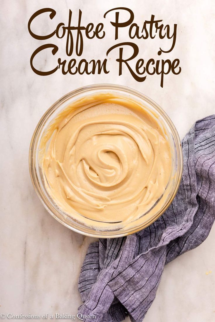 coffee pastry cream recipe in a glass bowl on a marble surface with the title above it