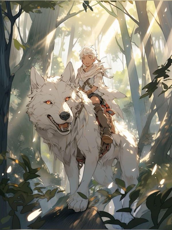 an anime character riding on the back of a white wolf in a forest with trees