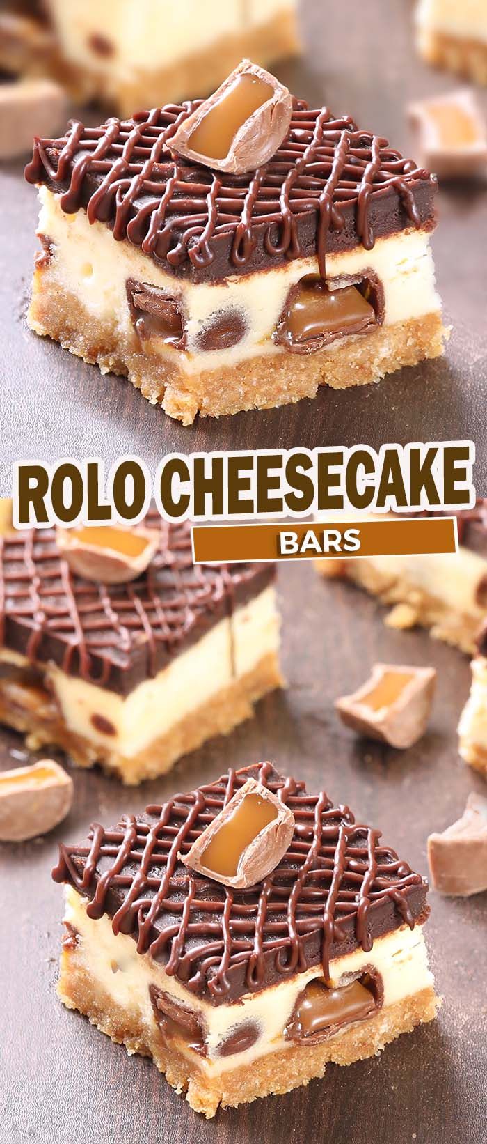 several pieces of chocolate cheesecake on top of each other with the words, rollo cheesecake bars