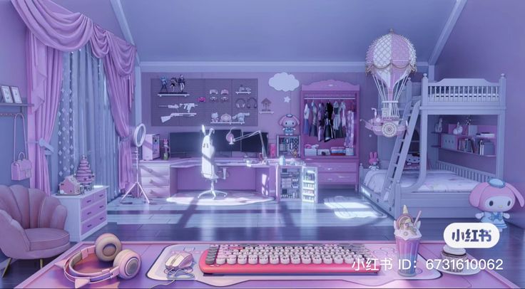 a bedroom with pink furniture and accessories in it's decorating style, including a computer keyboard