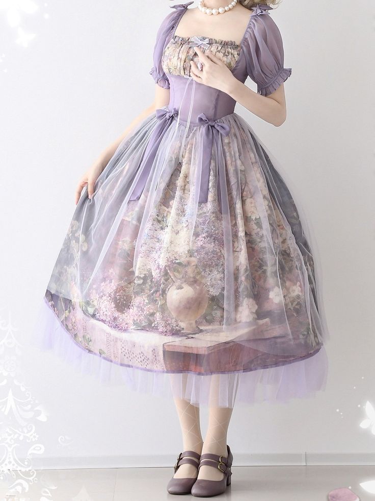 This price includes a dress only, others are not included.  Capture the essence of classic Lolita style with this stunning dress. The basque waist design creates a flattering silhouette, while the square neckline and puff sleeves add a touch of elegance. The intricate oil painting print features vibrant floral details, making this one piece dress a charming addition to any wardrobe. Embrace your love for Lolita fashion with this exquisite piece that effortlessly combines timeless beauty with mod Fitted Princesscore Dress With Puff Sleeves, Fitted Puff Sleeve Princesscore Dress, Fitted Midi Dress For Spring Costume Party, Elegant Spring Corset Dress For Costume Party, Spring Vintage Dress For Costume Party, Vintage Corset Dress For Spring Costume Party, Balletcore Fitted Short Sleeve Dresses, Spring Balletcore Square Neck Dresses, Feminine Spring Dresses For Costume Party