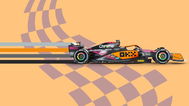 a colorful race car on a checkered orange and pink background with an abstract design