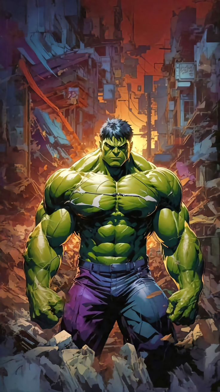 the incredible hulk is standing in front of a cityscape with his hands on his hips