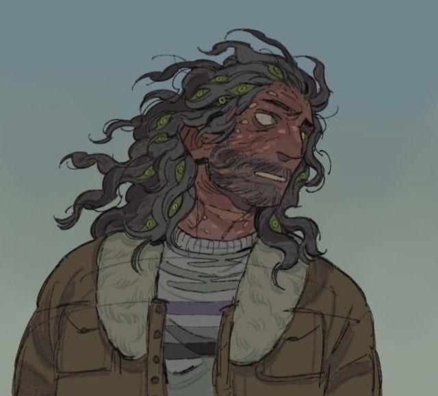 a drawing of a man with long hair and dreadlocks on his head, wearing a jacket