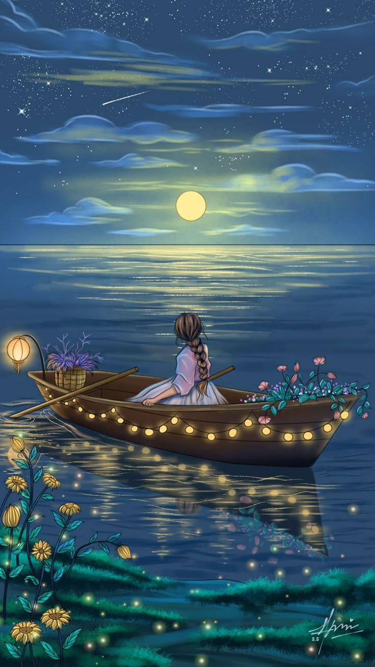 a painting of a couple in a boat at night