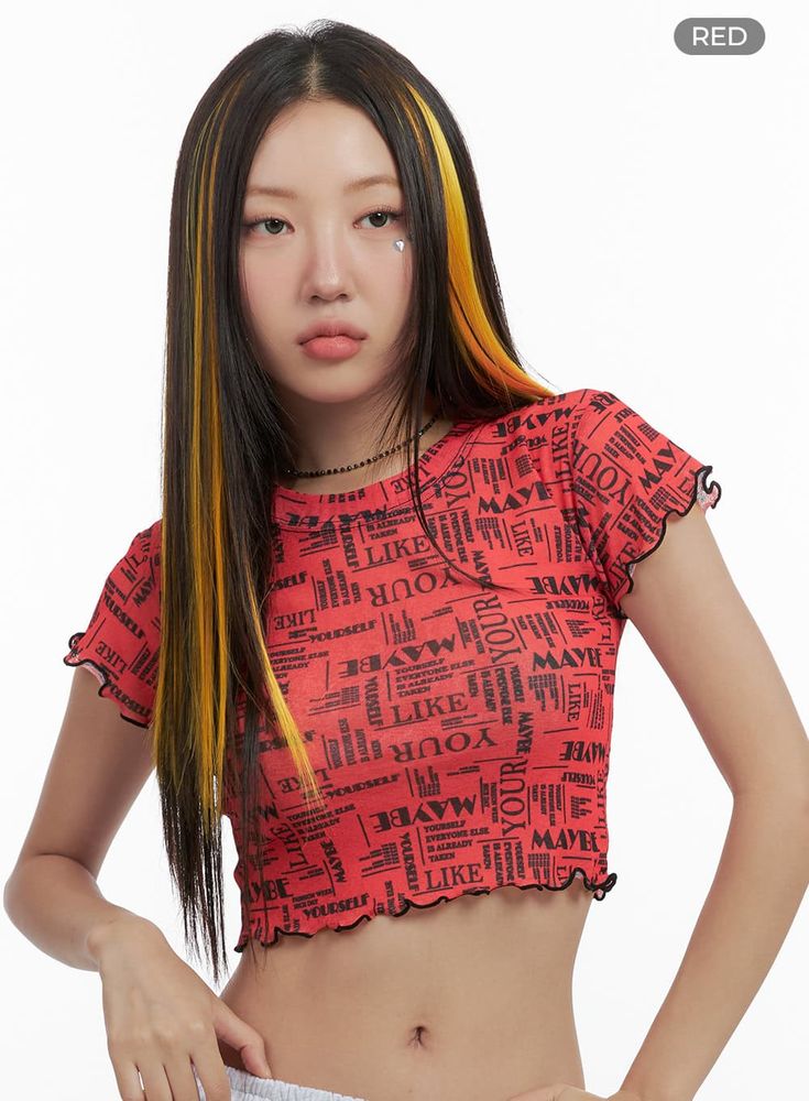 Product Detail Style : Street Occasion : Festival Type : TShirts Print : Lettering Material : Polyester, Spandex Sleeve : Short sleeve Neck : Round neck Length : Crop Fit : Slim fit Polyester 95 Spandex 5 Color : Red, Black Made in Korea Model Size Model is wearing size S/M and the color Red. Height : 5'5" | 166cm / Top : S / Bottom : S (25 inch) .prddescription table, .prddescription td, .prddescription th { border : 1px solid black; border-collapse : collapse; padding: 10px; } Size(Inch) Size Trendy Stretch Printed T-shirt, Trendy High Stretch Tops With Letter Print, Stretch Printed Tops With Crew Neck, Stretch T-shirt With All Over Print For Summer, Red Stretch Tops With Graphic Print, Red Stretch Top With Graphic Print, Stretch Crew Neck T-shirt With All Over Print, Summer Stretch T-shirt With All Over Print, Black Stretch Printed Tops