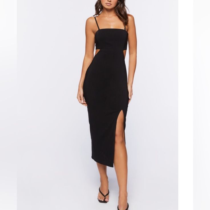 New With Tags! Black Fitted Midi Dress For Brunch, Fitted Black Midi Dress For Brunch, Black Bodycon Midi Dress With Cutout, Cutout Midi Dress For Going Out, Trendy Forever 21 Party Dress, Forever 21 Trendy Bodycon Dress For Date Night, Chic Black Midi Dress For Brunch, Black Midi Dress For Brunch, Chic Forever 21 Evening Dresses