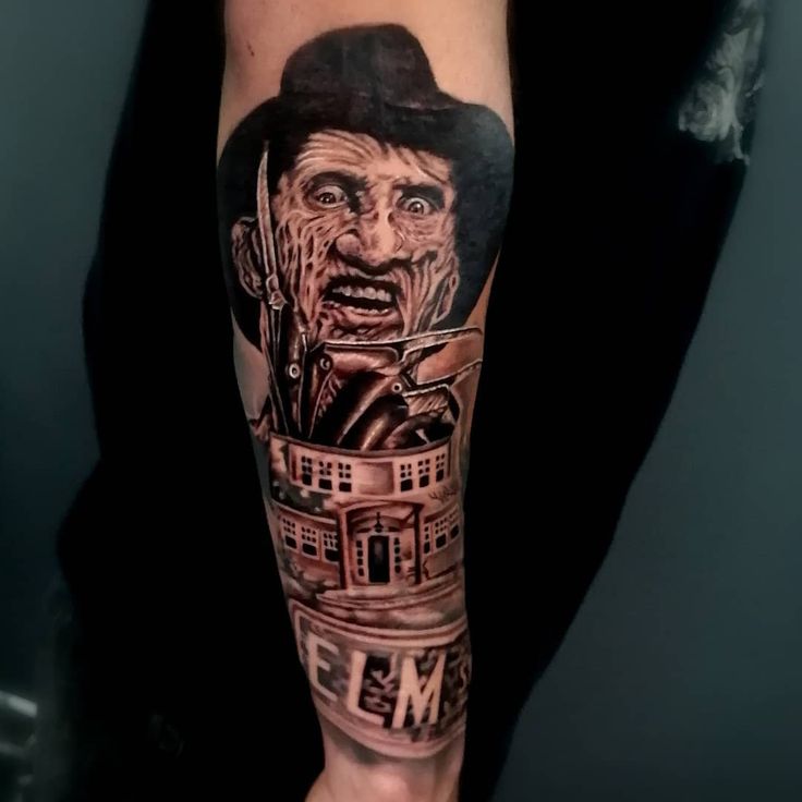 Freddie Kruger Tattoo, Freddy Krueger Tattoo Design, Nightmare On Elm Street Tattoo, Horror Themed Tattoos, Freddy Krueger Tattoo, Elm Street Tattoo, Unique Hand Tattoos, Unique Tattoos Black Women, Street Tattoo