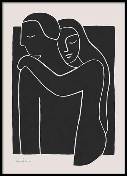 a black and white drawing of two people hugging