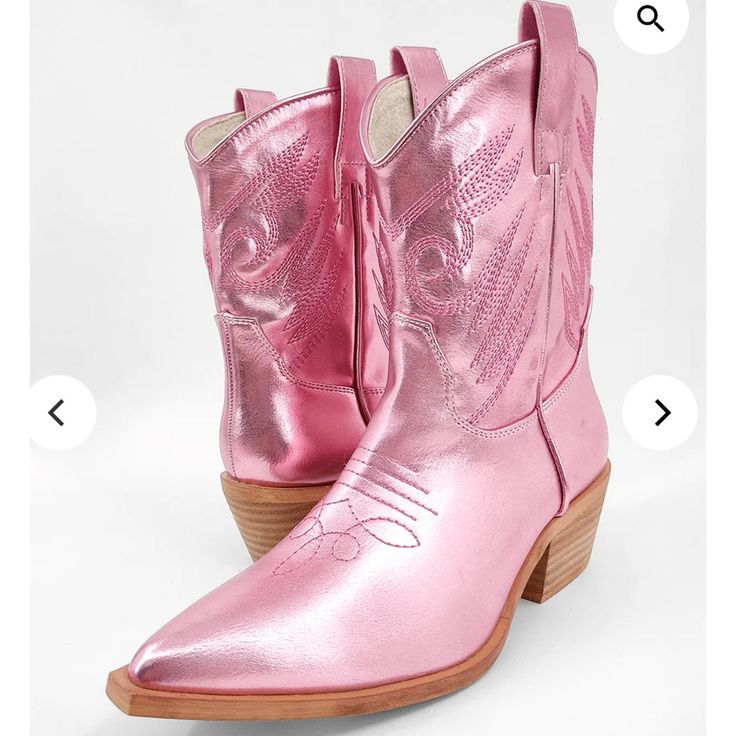 Shu Shop Pink Metallic Cowgirl Boots Size 6 Never Worn Western Style Ankle Martin Boots For Spring, Trendy Pink Martin Boots For Spring, Summer Pink Ankle Boots, Pink Ankle Boots For Summer, Casual Pink Heeled Boots For Spring, Pink Western Ankle-high Boots, Pink Ankle-high Western Boots, Trendy Snip Toe Heeled Boots For Spring, Pink Low Heel Boots For Spring