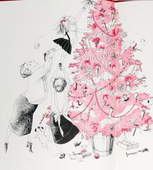 a pink christmas tree with people around it