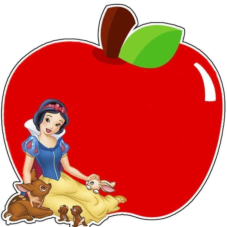 snow white and the seven dwarfs sitting in front of an apple with her pet dog