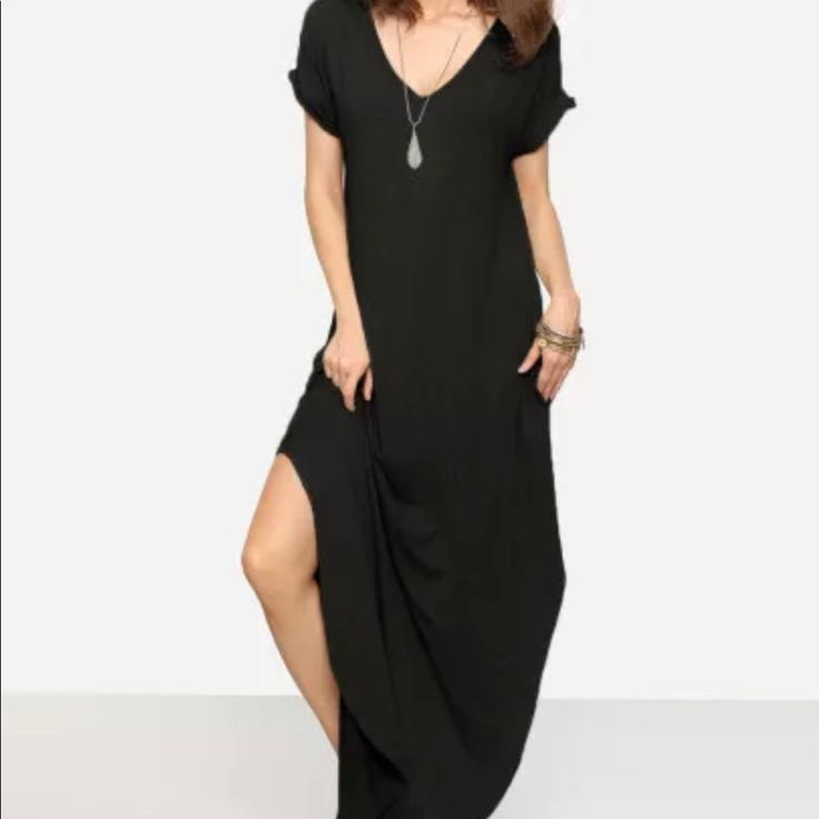 Beautiful Dress With Pockets Black Short Sleeve Maxi Dress With Side Slits, Black Maxi Dress With Side Slits And Short Sleeves, Chic Black Short Sleeve Maxi Dress, Black V-neck Maxi Dress For Date Night, Black V-neck Midi Dress With Side Slits, Black Maxi Dress With Side Slits, Casual Maxi Evening Dress, Elegant Shift Maxi Dress, Black Longline Maxi Dress For Summer