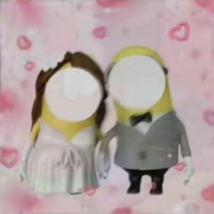 two cartoon characters standing next to each other in front of a heart - shaped background