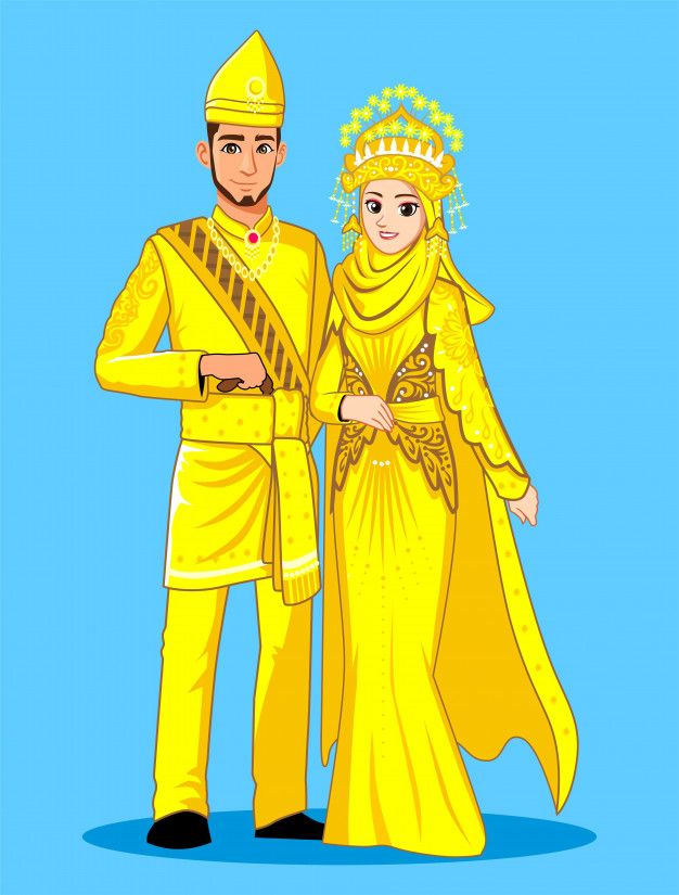 Melayu deli brides in traditional yellow... | Free Vector #Freepik #freevector #wedding #gold #woman #man Muslim Wedding Couple, Adat Melayu, Gold Clothes, Wedding Dresses Hijab Bride, Couple Illustration Wedding, Bride Hijab, Illustration Couple, Muslim Brides, Hijab Wedding Dresses