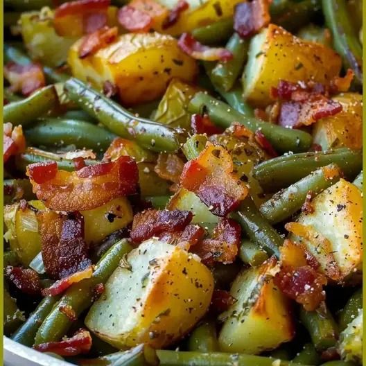 green beans and potatoes with bacon in a pan