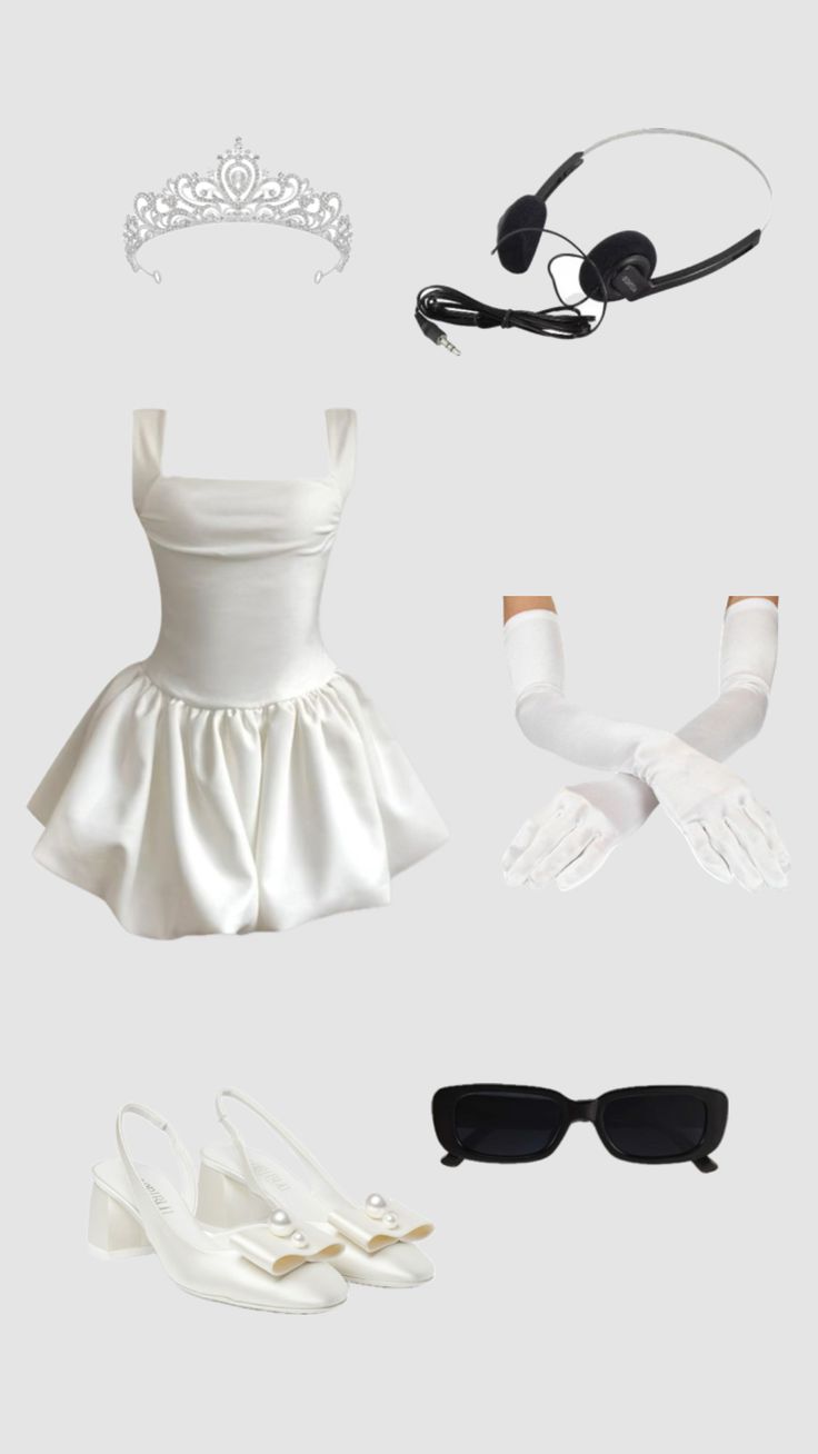 an assortment of white clothing and accessories including gloves, headbands, sunglasses, and tiara