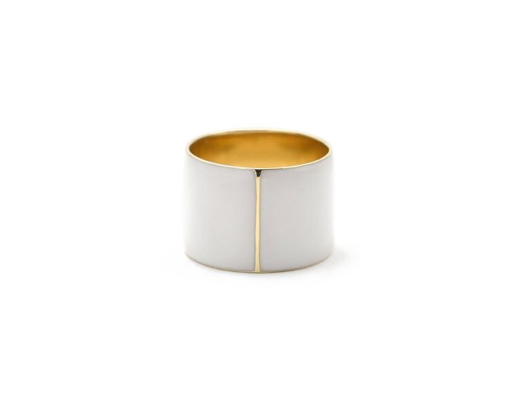 CigarBand, White Enamel, 14K Gold Formal White Enamel Ring With Polished Finish, Minimalist Yellow Gold Enamel Ring For Formal Occasions, Modern Gold Enamel Ring For Anniversary, Modern Yellow Gold Enamel Ring, Modern Yellow Gold Enamel Ring With Polished Finish, Modern Open Band Wide Ring For Formal Occasions, Modern Wide Band Open Ring For Formal Occasions, Modern Gold Enamel Ring, Modern Wide Band Signet Ring For Formal Occasions