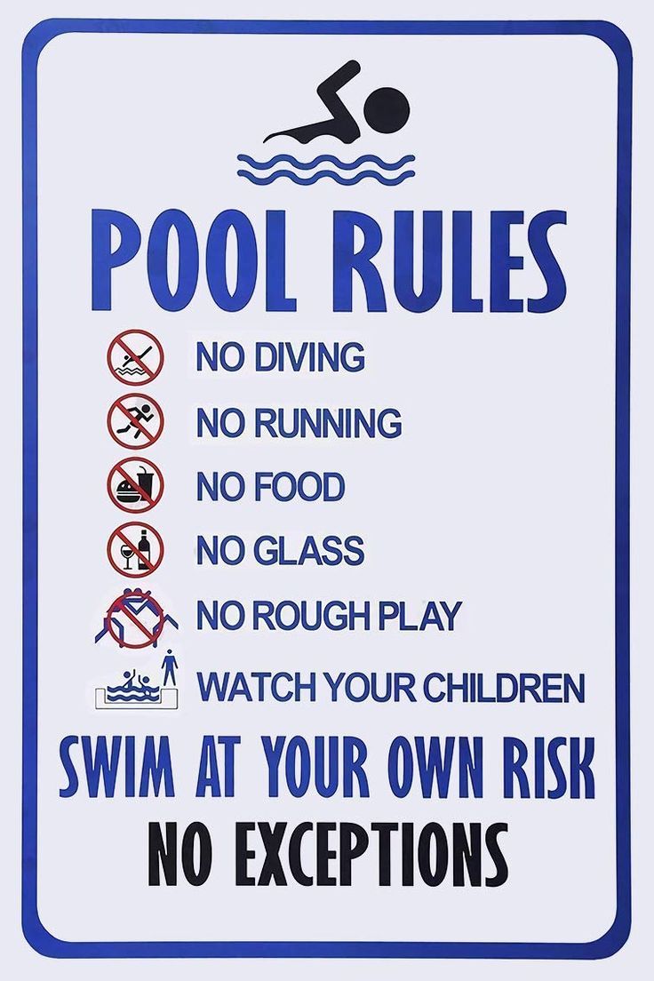 a pool rules sign with instructions to swim at your own risk no exceptions on it