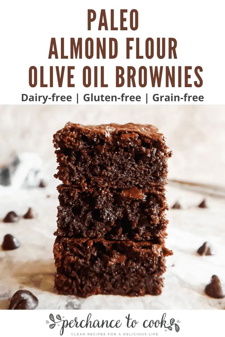 two chocolate brownies stacked on top of each other with the words paleo almond flour olive