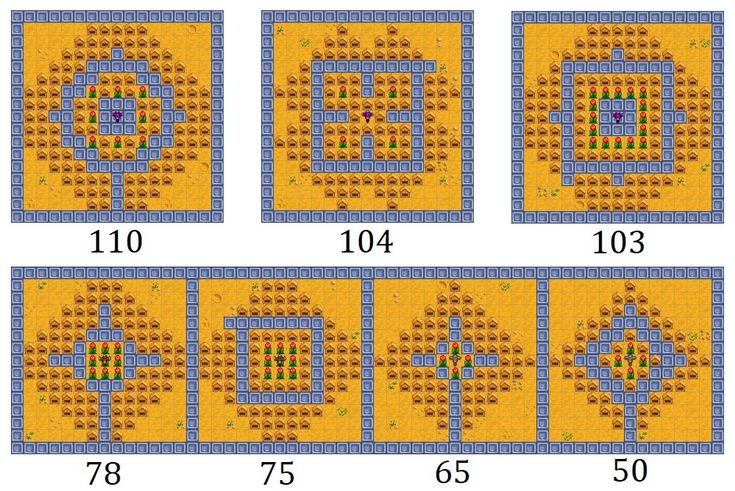 four squares with different shapes and numbers on them, all in blue and yellow colors